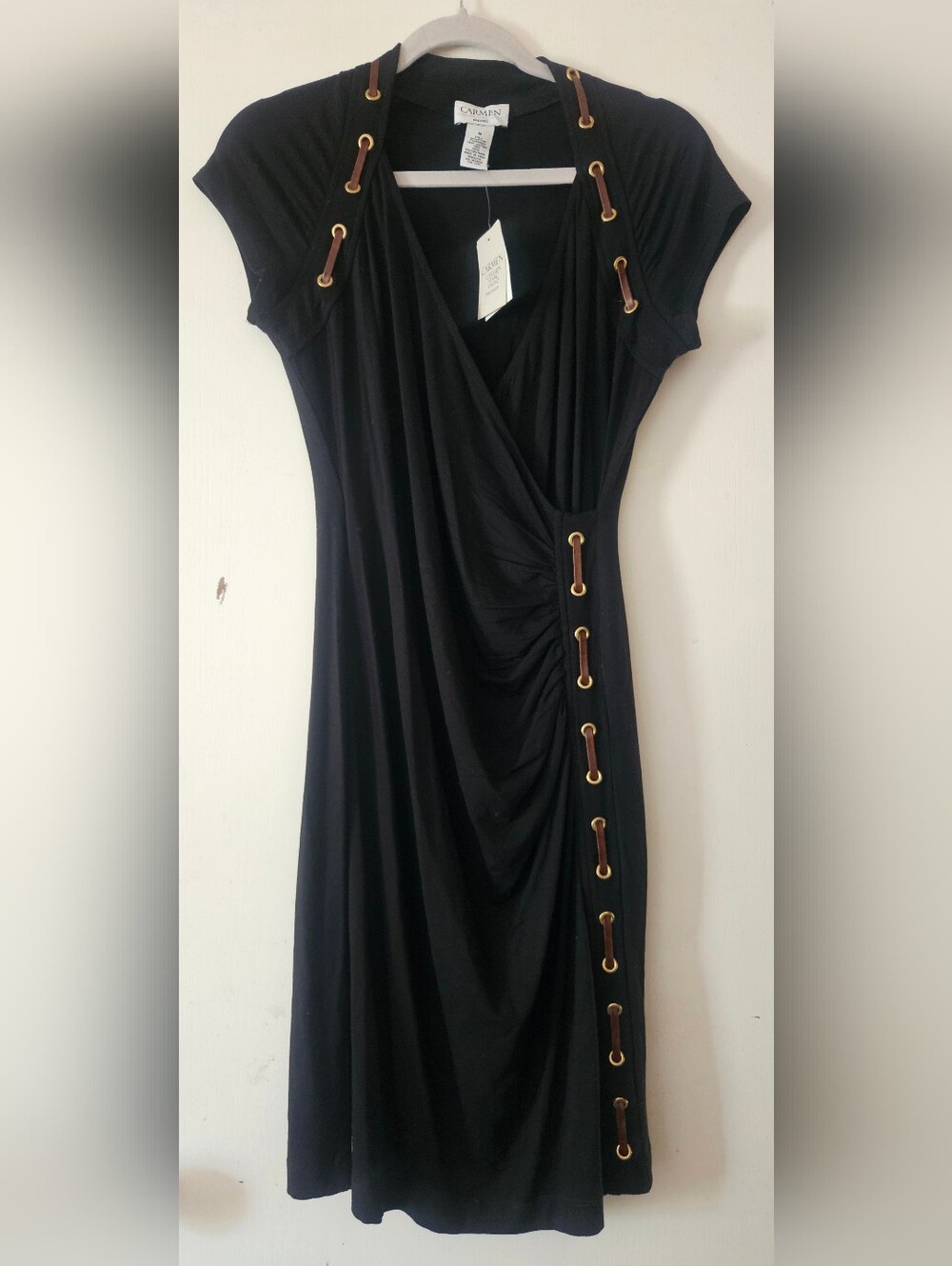 Carmen Marc Valvo Black Faux-Wrap Dress with Grommet Leather Trim